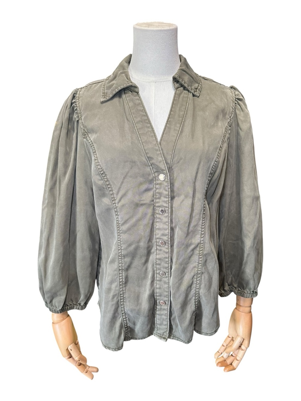 White House Black Market Olive Green Snap Front Puff Sleeve Shirt - Picture 2 of 9
